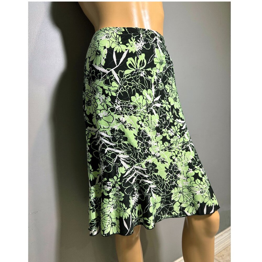 Vintage Floral Midi Skirt Y2K Minty Lime Green & Black Botanical Print